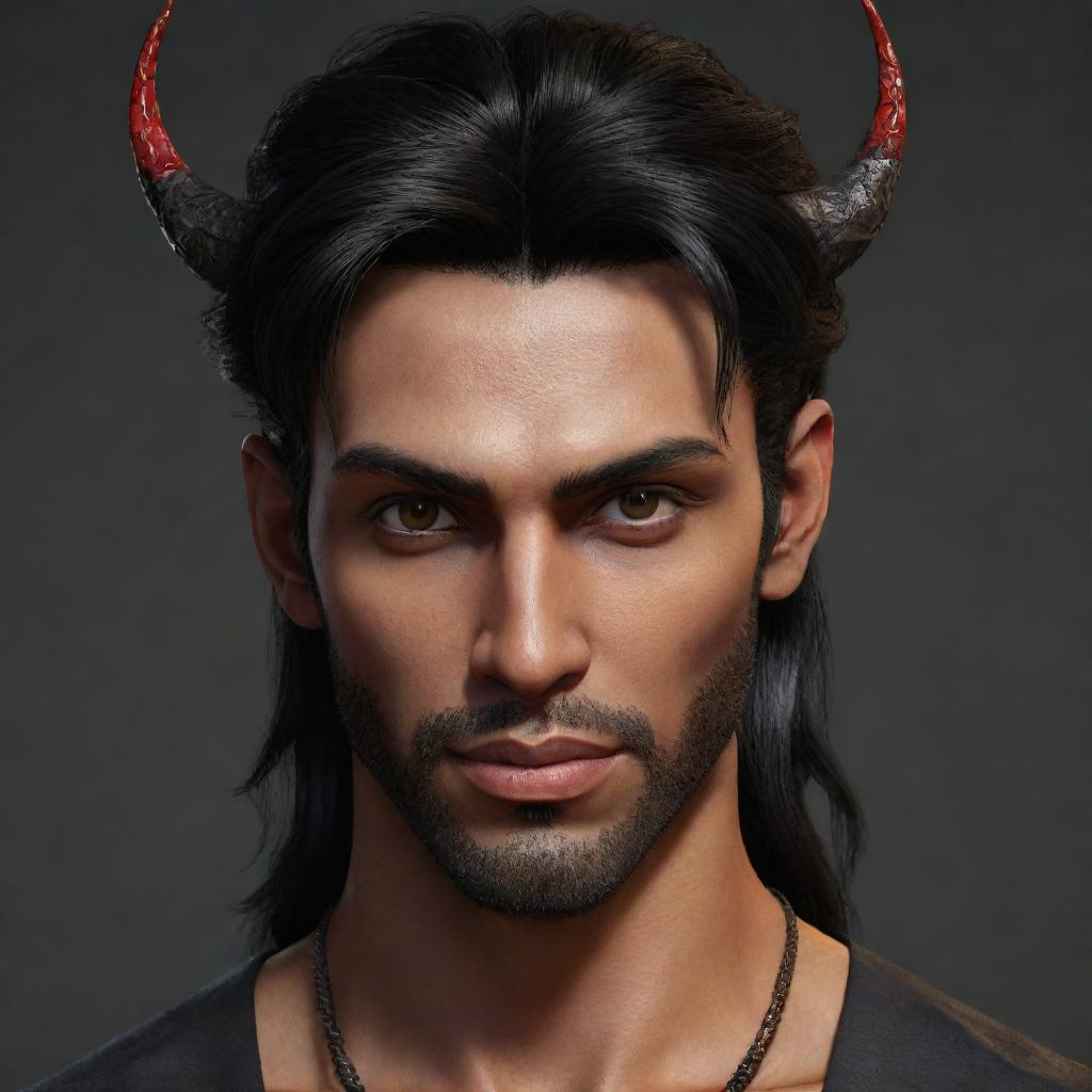 Handsome male character, with stylized devilish traits, named Umar. He appears as if he was from 20 years ago.