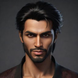 Handsome male character, with stylized devilish traits, named Umar. He appears as if he was from 20 years ago.