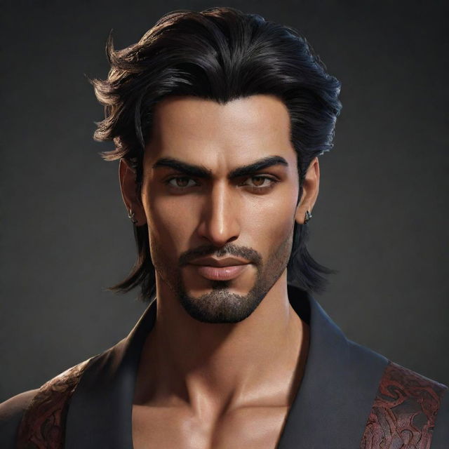 Handsome male character, with stylized devilish traits, named Umar. He appears as if he was from 20 years ago.