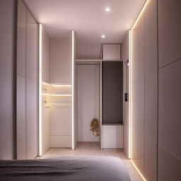 Cozy 10x8 sleeping room with a compact wardrobe, a functional working area, and warm ambient lighting, modern minimalist style.