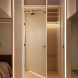 Cozy 10x8 sleeping room with a compact wardrobe, a functional working area, and warm ambient lighting, modern minimalist style.