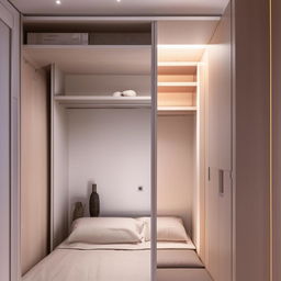 Cozy 10x8 sleeping room with a compact wardrobe, a functional working area, and warm ambient lighting, modern minimalist style.