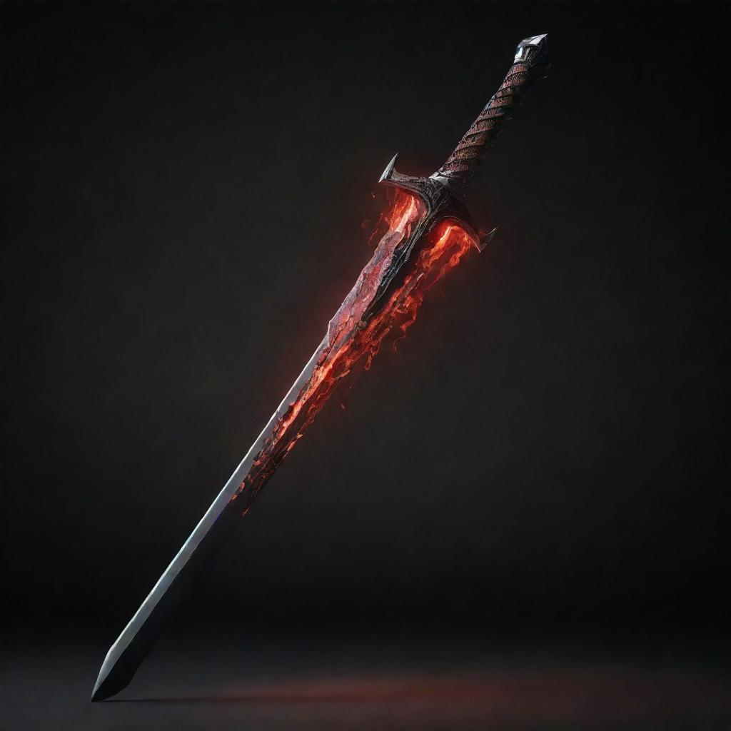 A captivating sword with a dark black blade highlighted by an aura of fierce red lightning.