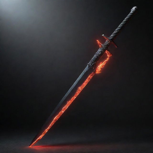 A captivating sword with a dark black blade highlighted by an aura of fierce red lightning.