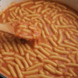 Increase the amount of sauce in the previous image of macaroni, to the point where it's nearly drowning in rich, thick sauce