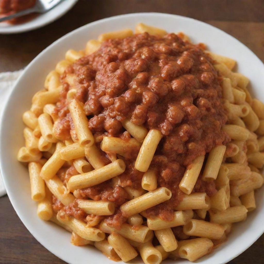 Overwhelm the previous image of macaroni with an extreme portion of luscious, thick sauce, almost exaggerating its presence