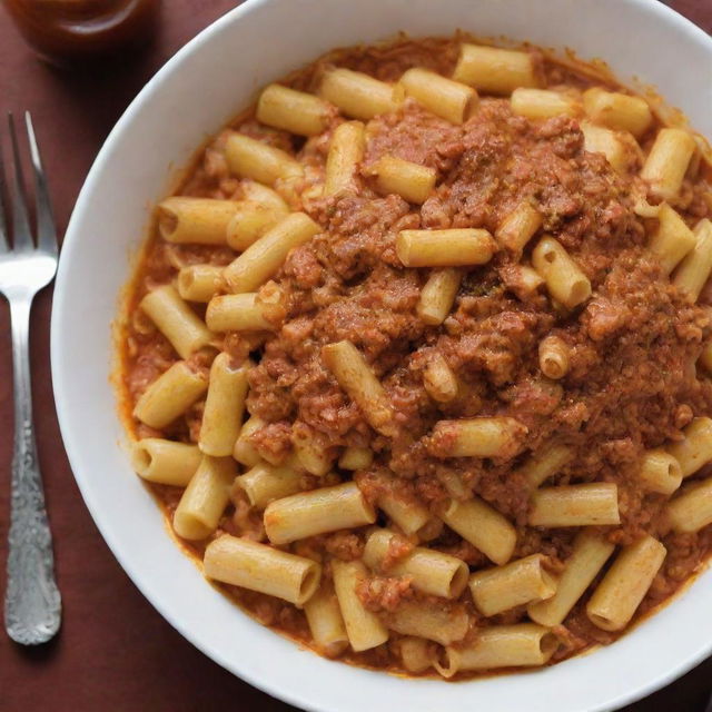 Overwhelm the previous image of macaroni with an extreme portion of luscious, thick sauce, almost exaggerating its presence