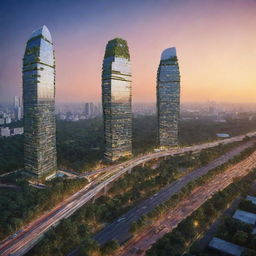 Depict a futuristic perspective of India in 2024 with cutting-edge architecture, advanced transportation, lush greenery, and bustling city life under a vibrant sunset.