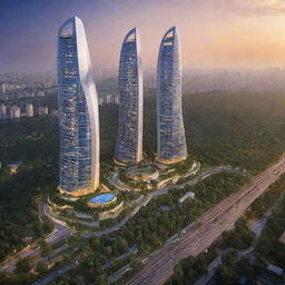 Depict a futuristic perspective of India in 2024 with cutting-edge architecture, advanced transportation, lush greenery, and bustling city life under a vibrant sunset.