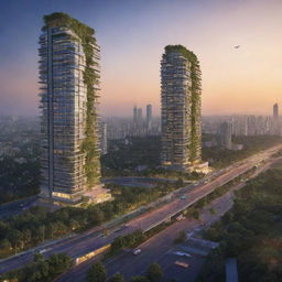 Depict a futuristic perspective of India in 2024 with cutting-edge architecture, advanced transportation, lush greenery, and bustling city life under a vibrant sunset.