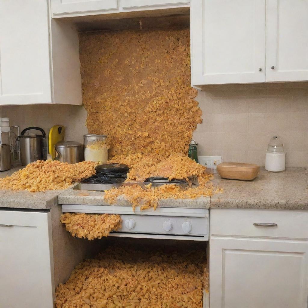 An image of a kitchen absurdly filled to the brink with macaroni, covering countertops, stove, and even overflowing from cabinets