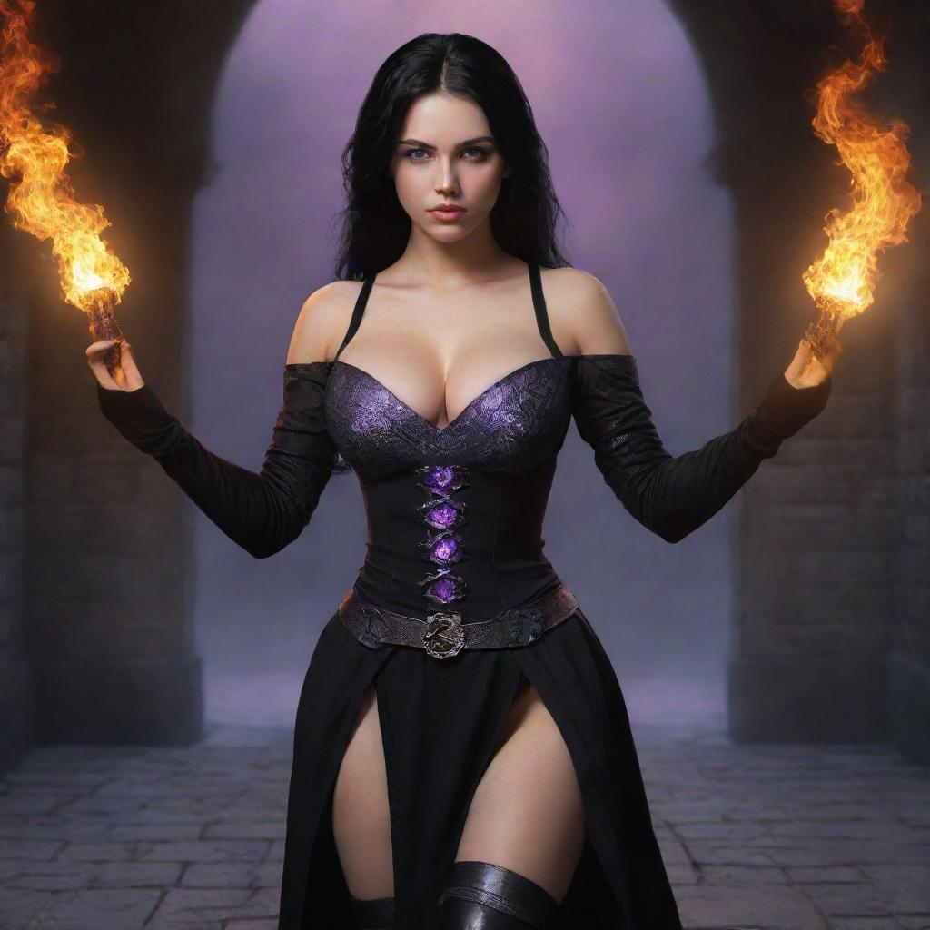 medieval beatifull, bigb boobs, sexy full body, black hair girl with purple eyes with fire aura behind, 23 years old, she is a piro controler, black clothes, sexy, piromancer, in ocation place, charmOfTheRealm, digital realist art, high detailed