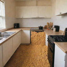 An image of a kitchen absurdly filled to the brink with macaroni, covering countertops, stove, and even overflowing from cabinets