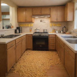 An image of a kitchen absurdly filled to the brink with macaroni, covering countertops, stove, and even overflowing from cabinets