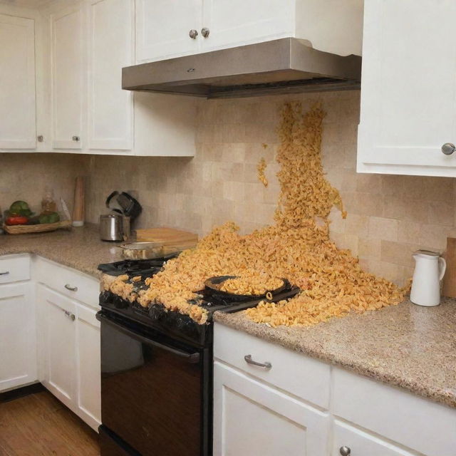 An image of a kitchen absurdly filled to the brink with macaroni, covering countertops, stove, and even overflowing from cabinets