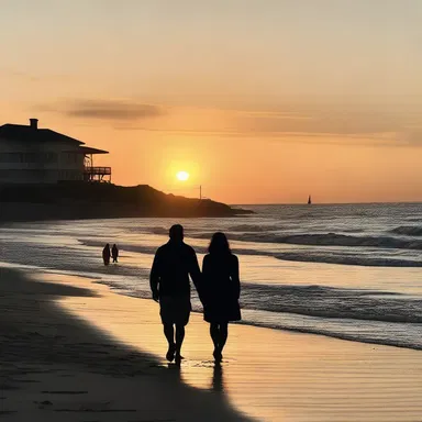 As the sun set behind the shore station, they walked hand in hand along the beach, enjoying the breathtaking view.
