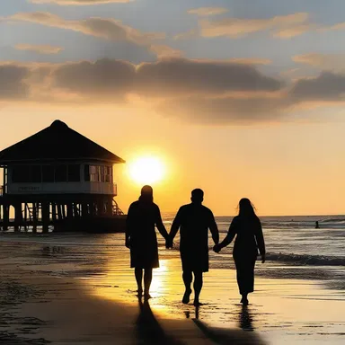 As the sun set behind the shore station, they walked hand in hand along the beach, enjoying the breathtaking view.