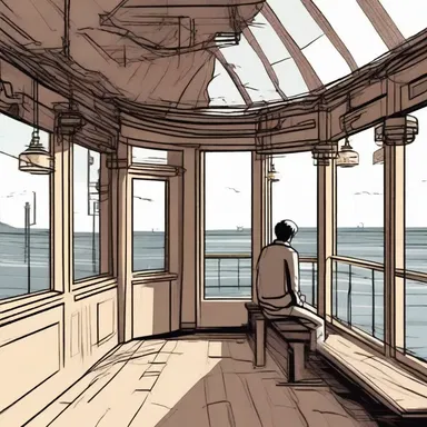 In the novel, the protagonist finds solace in the serenity of the shore station, contemplating their life choices.