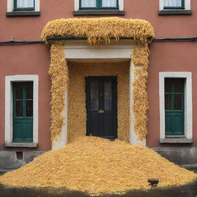 An unusual image depicting a house completely filled with macaroni, with piles of pasta spilling from windows and doors