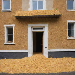 An unusual image depicting a house completely filled with macaroni, with piles of pasta spilling from windows and doors