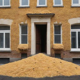 An unusual image depicting a house completely filled with macaroni, with piles of pasta spilling from windows and doors