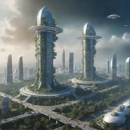 Portray a high-concept science fiction view of India in the year 30240, visualizing ultra-futuristic cities with innovative structures, sentient AI entities, teleportation stations, and harmonious blend of nature and technology.