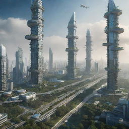 Portray a high-concept science fiction view of India in the year 30240, visualizing ultra-futuristic cities with innovative structures, sentient AI entities, teleportation stations, and harmonious blend of nature and technology.