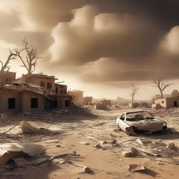 An intense digital art piece depicting the aftermath of a devastating windstorm in a desert village