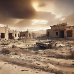 An intense digital art piece depicting the aftermath of a devastating windstorm in a desert village