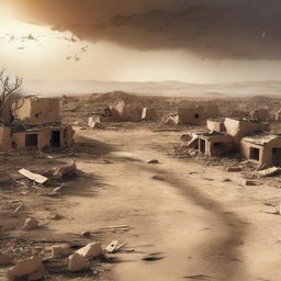 An intense digital art piece depicting the aftermath of a devastating windstorm in a desert village