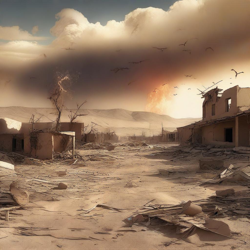 An intense digital art piece depicting the aftermath of a devastating windstorm in a desert village