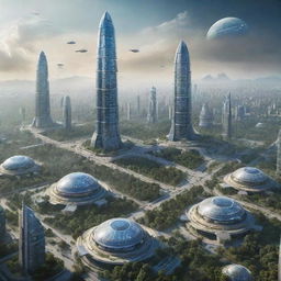 Portray a high-concept science fiction view of India in the year 30240, visualizing ultra-futuristic cities with innovative structures, sentient AI entities, teleportation stations, and harmonious blend of nature and technology.