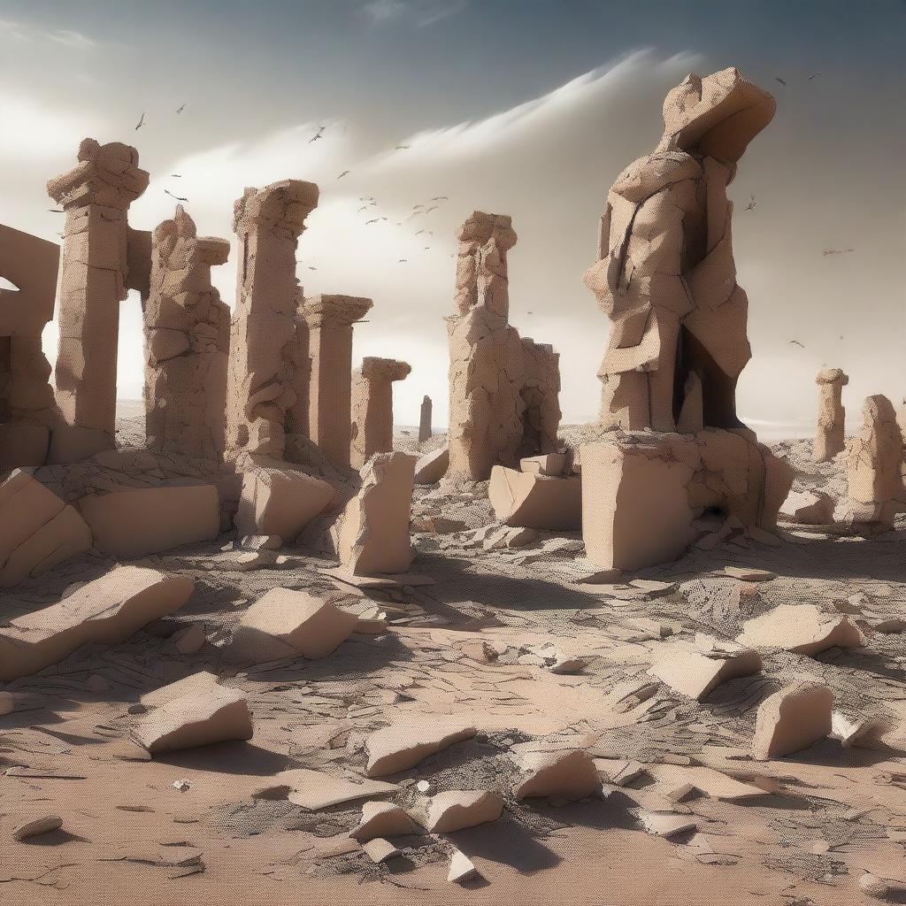 A dramatic digital art piece showing the remnants of statues in a desert village, shattered into rubble by a powerful windstorm