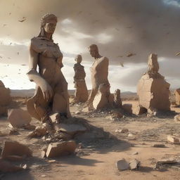 A dramatic digital art piece showing the remnants of statues in a desert village, shattered into rubble by a powerful windstorm