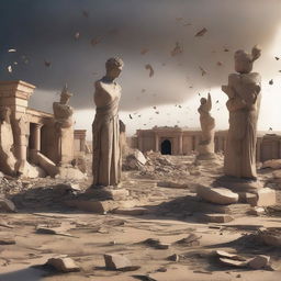 A dramatic digital art piece showing the remnants of statues in a desert village, shattered into rubble by a powerful windstorm