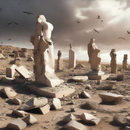 A dramatic digital art piece showing the remnants of statues in a desert village, shattered into rubble by a powerful windstorm