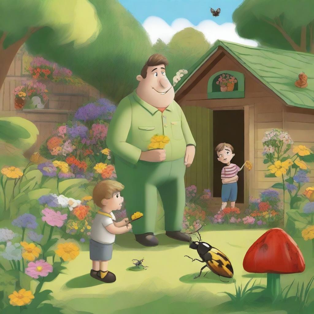 This digital art showcases a father and his two small sons in a lush garden, brimming with a variety of plants and flowers