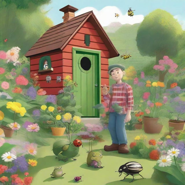 This digital art showcases a father and his two small sons in a lush garden, brimming with a variety of plants and flowers