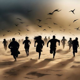 A dynamic digital art piece illustrating the villagers fleeing from their homes amidst the destructive windstorm