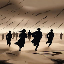 A dynamic digital art piece illustrating the villagers fleeing from their homes amidst the destructive windstorm