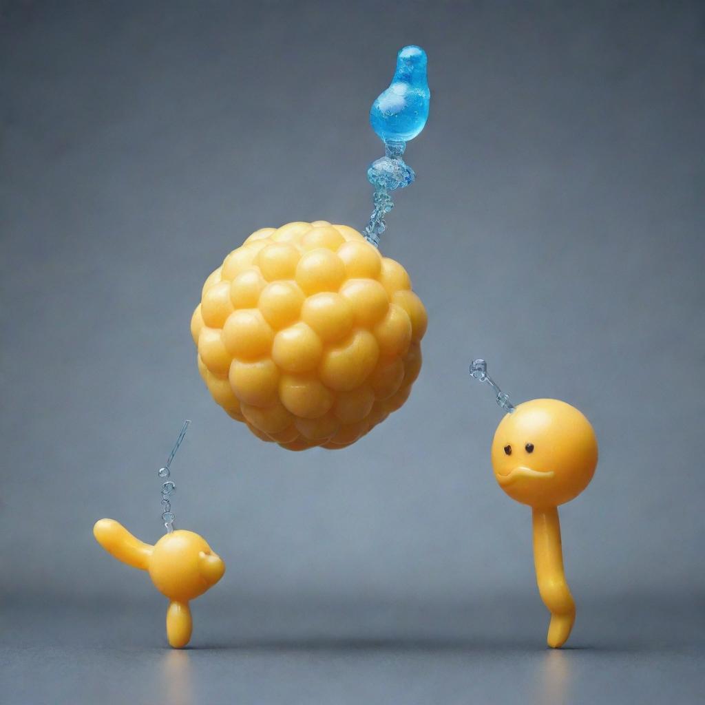 Change the previous image to represent an original and bizarre scene where the hydrogen in a water molecule is replaced with macaroni