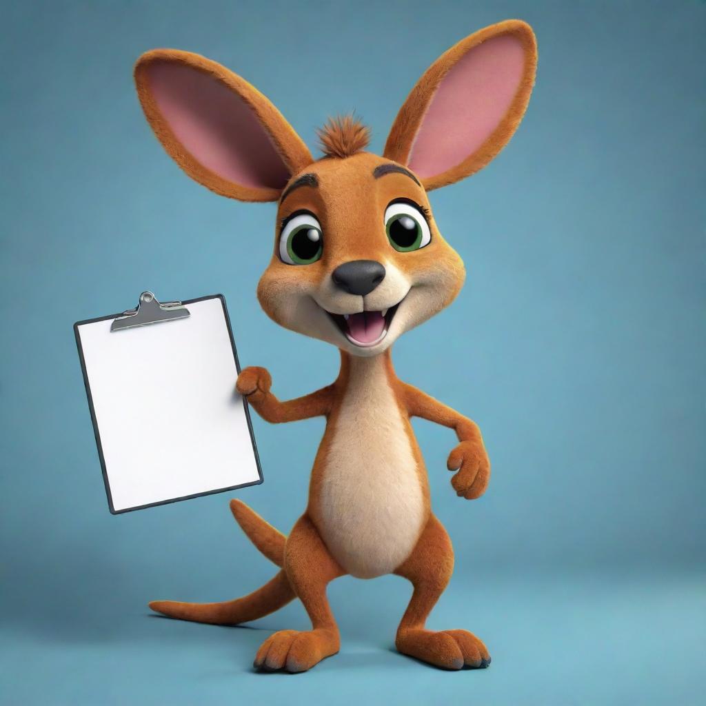 Create a 2D mascot of a vibrant-colored kangaroo with expressive eyes holding a clipboard in its pouch for tier lists. The kangaroo's dynamic movements, joyful hops and friendly demeanor make it an appealing guide through the world of reactions and tier lists.