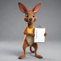 Create a 2D mascot of a vibrant-colored kangaroo with expressive eyes holding a clipboard in its pouch for tier lists. The kangaroo's dynamic movements, joyful hops and friendly demeanor make it an appealing guide through the world of reactions and tier lists.