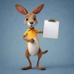 Create a 2D mascot of a vibrant-colored kangaroo with expressive eyes holding a clipboard in its pouch for tier lists. The kangaroo's dynamic movements, joyful hops and friendly demeanor make it an appealing guide through the world of reactions and tier lists.