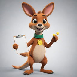 Create a 2D mascot of a vibrant-colored kangaroo with expressive eyes holding a clipboard in its pouch for tier lists. The kangaroo's dynamic movements, joyful hops and friendly demeanor make it an appealing guide through the world of reactions and tier lists.