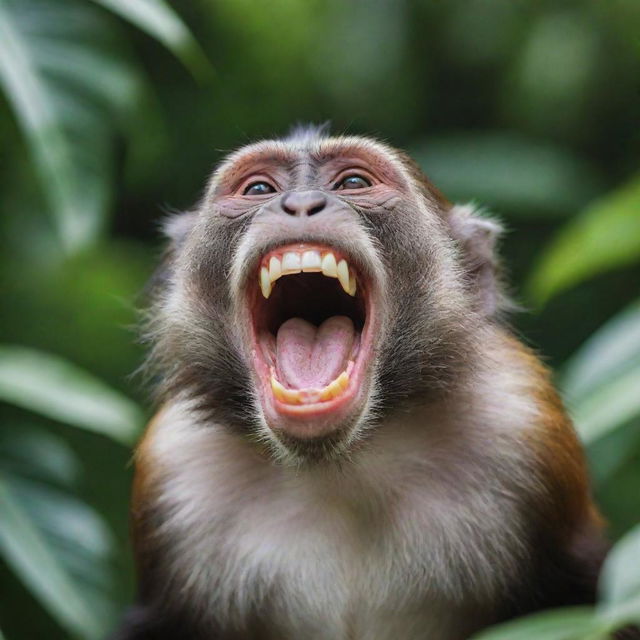 A vibrant image of a monkey laughing joyously with its mouth wide open, showing off its teeth. The background fills with dense tropical foliage.