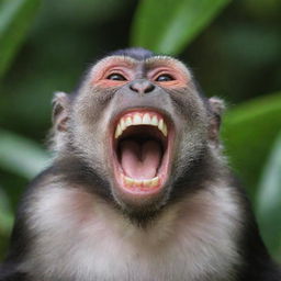 A vibrant image of a monkey laughing joyously with its mouth wide open, showing off its teeth. The background fills with dense tropical foliage.