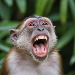 A vibrant image of a monkey laughing joyously with its mouth wide open, showing off its teeth. The background fills with dense tropical foliage.