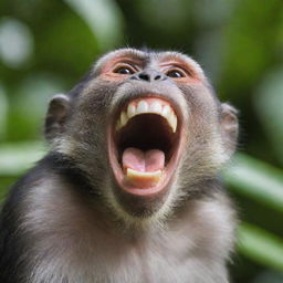 A vibrant image of a monkey laughing joyously with its mouth wide open, showing off its teeth. The background fills with dense tropical foliage.