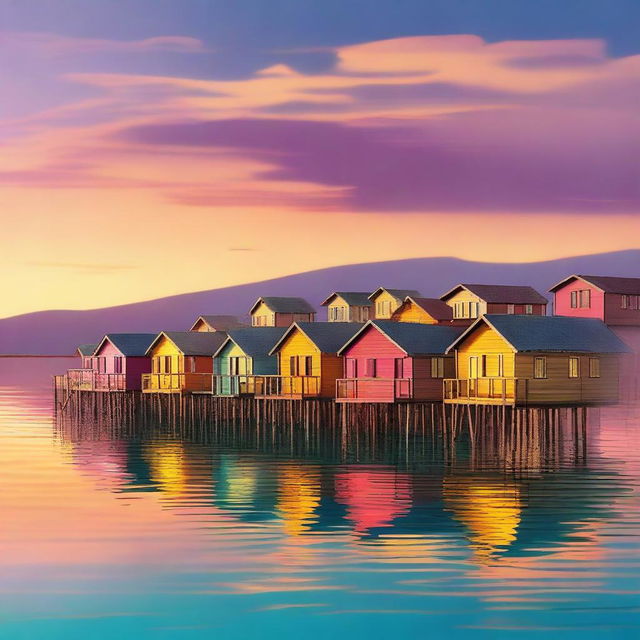 A digital art piece depicting a serene village nestled in the heart of the Dead Sea